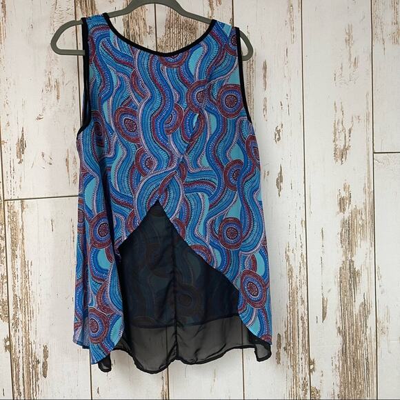 Yummy Plus, Blue Print Sleeveless Blouse Sheer Back Detail. Size 1X. - Picture 4 of 7
